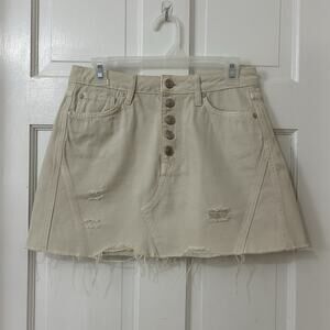 Free People Mini Skirt Sz 28 Ivory Denim Distressed Button Fly‎ We The Free